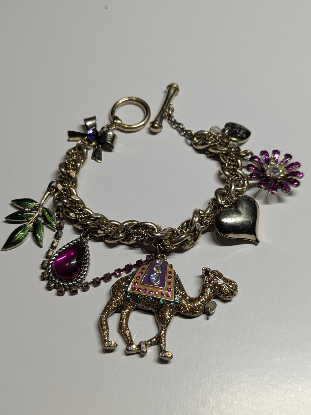 Betsey Johnson Gold-Tone Camel Charm Bracelet with Pink and Green Accents